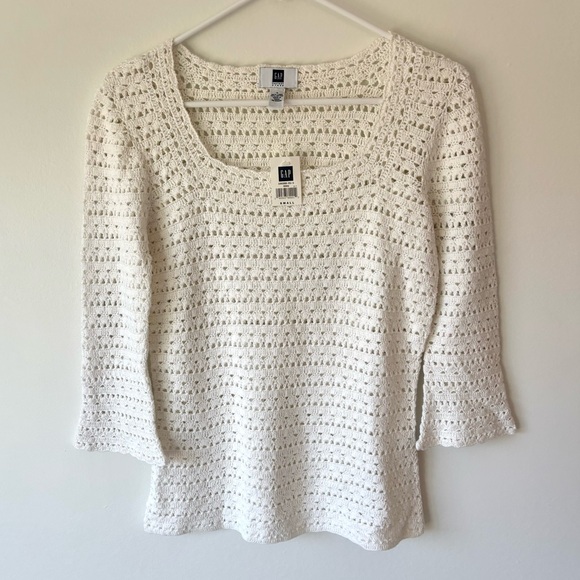 Gap White Linen Cotton Crochet Knit Shirt 3/4 Length Bell Sleeve Square Neck - Picture 1 of 7
